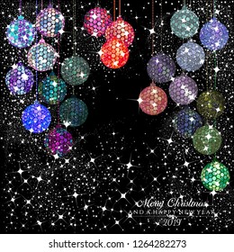 Hexagon multi color disco balls with stars and sparkles on a black background for the Christmas and New Year season of 2019