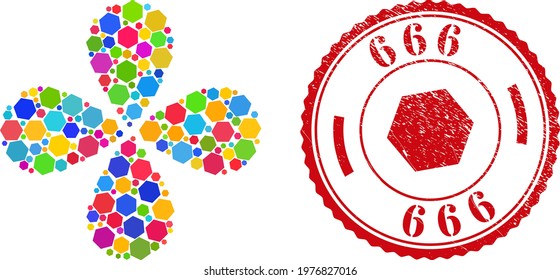 Hexagon multicolored curl flower with four petals, and red round 666 unclean stamp seal. Hexagon symbol inside round stamp. Element cluster composed from scattered hexagon items.