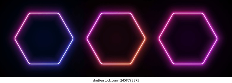 Marco de neón hexagonal. Borde de degradado claro. Forma geométrica láser. PLANTILLA led para diseño de Anuncios y volantes. Portal futurista fluorescente.