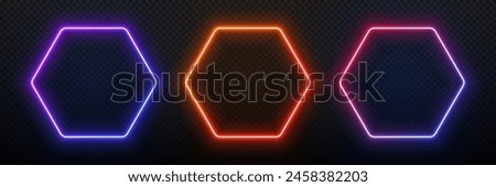 Hexagon neon light frame. 3d glow gradient geometric shape. Led laser border. Fluorescent template for design with text.