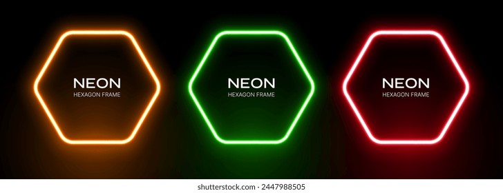 Hexagon neon light. Frame with glow effect on a black background. Red, orange and green laser shape. Vector set of gradient fluorescent banners.