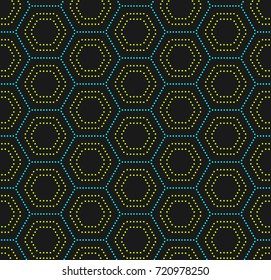Hexagon net structure formed of bright cyan and yellow dots on dark background, seamless vector pattern