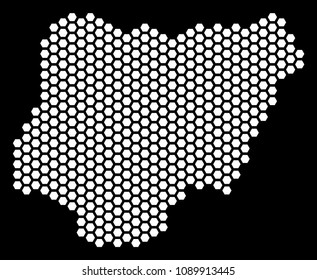 Hexagon Nigeria map. Vector territory scheme on a black background. Abstract Nigeria map mosaic is formed of hexagonal spots.