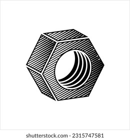 Hexagon Nut Icon, Threaded Hole Fastener Icon Vector Art Illustration