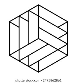 Hexagon with optical illusion of a cube. Geometric figures in a hexagon forming a geometric figure with the optical illusion of a cube. Modeled after a corn circle pattern, found 2024 in Hampshire.