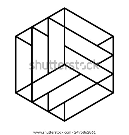 Hexagon with optical illusion of a cube. Geometric figures in a hexagon forming a geometric figure with the optical illusion of a cube. Modeled after a corn circle pattern, found 2024 in Hampshire.