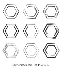 Hexagon outline collection. Geometric shape borders. Vector polygon frames. Clean linear elements.