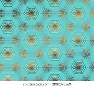 Hexagon pattern, abstract cyan, teal and bronze textured kaleidoscope ornament. Symmetric geometric design for digital paper, textile printing, wallpaper, background.