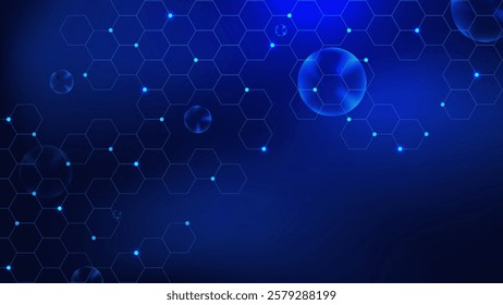 Hexagon pattern with blue bubbles and glowing particles on dark blue background. Vector illustration