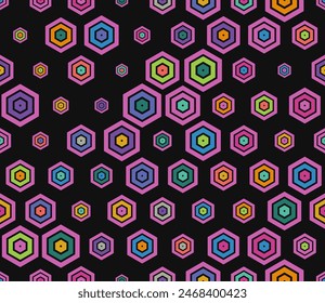 Hexagon pattern geometric design. Multicolored geometric elements of varied size. Plain hexagon frames. Honeycomb cells. Tileable pattern. Seamless vector illustration.