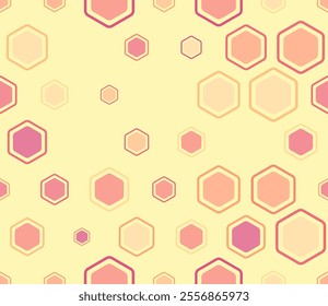 Hexagon pattern geometric design. Multicolored geometric elements of varied size. Bold rounded hexagons mosaic pattern with inner solid cells. Large honeycomb cells. Tileable design.