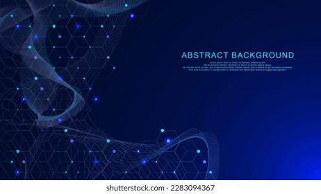 Hexagon pattern with glowing particles and wave flow. Medicine, chemistry, technology and science background. Vector illustration.