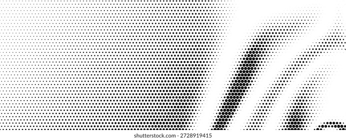 Hexagon pattern halftone with overlay fade corner and trail gradient dot. Honeycomb minimal background with creative hexagon repeat and techno cell curve. Vector decorative hexagon.