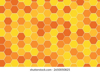 Hexagon pattern with honeycomb, cartoon bees. Vector illustration, geometric texture. Design template for invitation, card. Doodle style. Background with copy space.