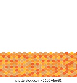 Hexagon pattern with honeycomb, cartoon bees. Vector illustration, geometric texture. Design template for invitation, card. Doodle style. Background with copy space.