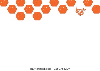 Hexagon pattern with honeycomb, cartoon bees. Vector illustration, geometric texture. Design template for invitation, card. Doodle style. Background with copy space.