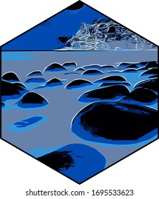 patrón hexágono con una imagen de una roca en un lago