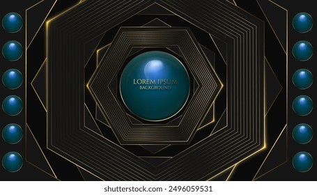 hexagon patterns and golden glowing lines and blue glass ball modern luxury dark digital geometric futuristic wallpaper and cover template.