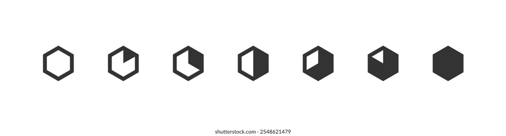 Hexagon pie chart set, icon for infographic. Charts with 6 steps. Vector isolated