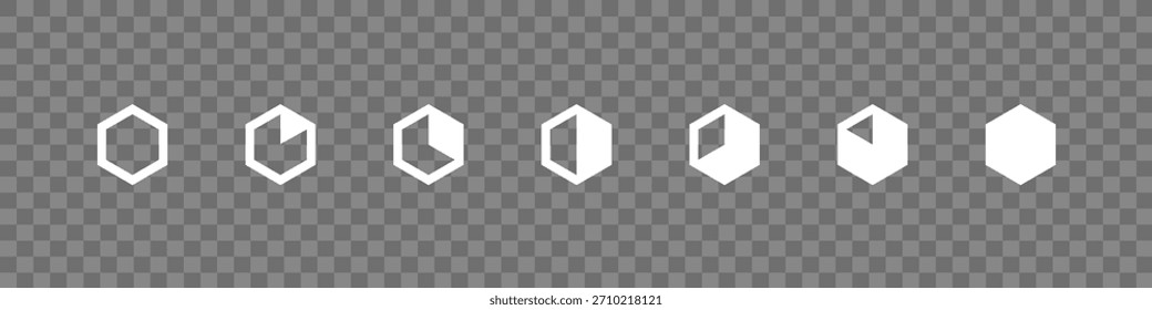 Hexagon-Tortenfortschrittssymbole für Bewertung oder Ebenen. Vektor, isolierter Satz