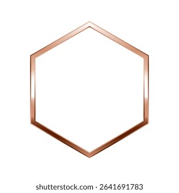 Hexagon pink gold frame. Isolated luxury hexagon rose gold border. Copper geometric flat frame mockup design element. Vector illustration.