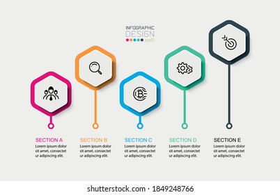 Los pines hexagonales diseñados por infografía vectorial muestran información en proporción, como folletos de marketing y publicidad de trabajos.