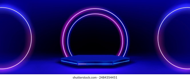 Hexagon podium on neon light background. Vector realistic illustration of dark showroom for modern product presentation with purple and blue glowing rings, technology showroom, nightclub stage design