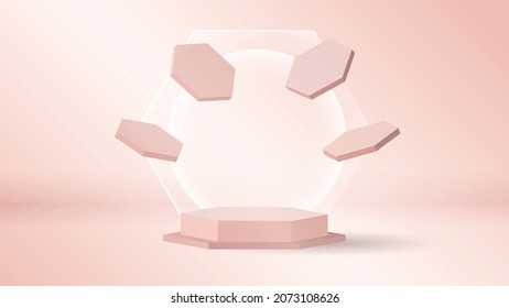 Hexagon podium of rose pink cream color vector 3d