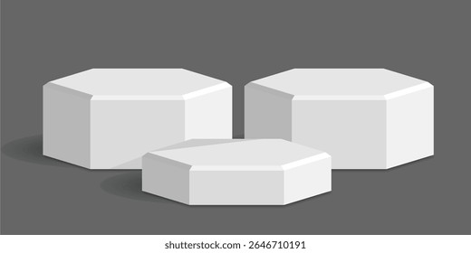 Hexagon podium stage pedestal and platform scene, a modern geometric display composition. Ideal for product showcases, awards presentations, digital promotions, and abstract architectural concepts.