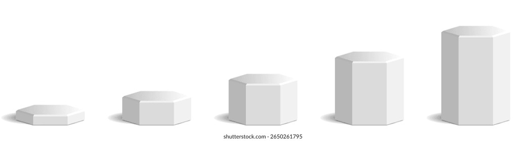 Hexagon podium stage plataforma pedestal em vetor de tamanho diferente, oferecendo opções de exibição moderna e geométrica para produtos, prêmios ou apresentações. Ideal para apresentações elegantes e designs minimalistas.