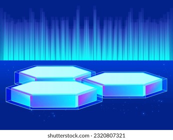 Hexagon podium technology futuristic cyber neon color product display vector illustration concept. Scene for products stage showcase, promotion, presentation, mockup product display background.