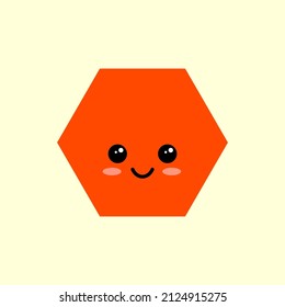 Hexagon. Polyhedron. Geometry for kids. Geometric figure. Emotions. Development of children. Geometric shape with cute face. Kawaii.