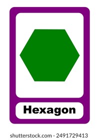 Hexagon Printable education flashcard. Flash Card two dimensional shape for children learning. Printable educational vector illustration. 2D Shape. Hexagon