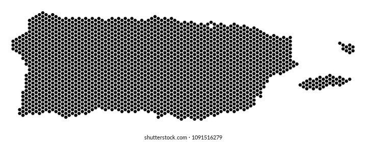 Hexagon Puerto Rico map. Vector territorial scheme on a white background. Abstract Puerto Rico map collage is designed of honeycomb dots.