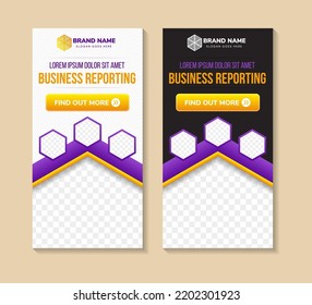 hexagon purple Businesses reporting Roll Up Banner flat design template ,Abstract Geometric vertical banner. modern vector illustration set, presentation brochure flyer. black and white background.
