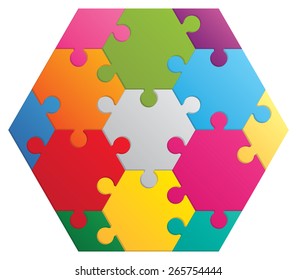 Hexagon Puzzle. 13 Color Parts.