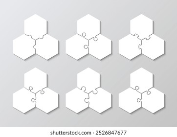 Colección de rejillas de rompecabezas hexagonales. Conjunto de presentación de negocios para infografías. Jigsaw rompecabezas gráfico de información con 3 piezas, pasos, partes del diagrama de proceso. Vector