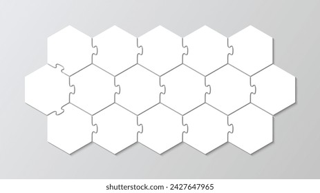 Hexagon puzzle infographics with 16 pieces. Jigsaw business chain infographic. Process diagram with steps, parts. Business presentation info graphic. Puzzle hexagonal grid. Vector illustration