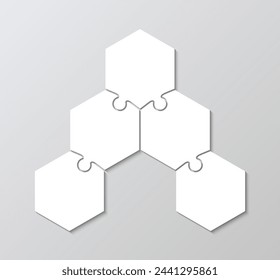 Hexagon puzzle infographics with 5 pieces. Business presentation info graphic. Puzzle hexagonal grid. Jigsaw business chain infographic. Process diagram with steps, parts. Vector illustration