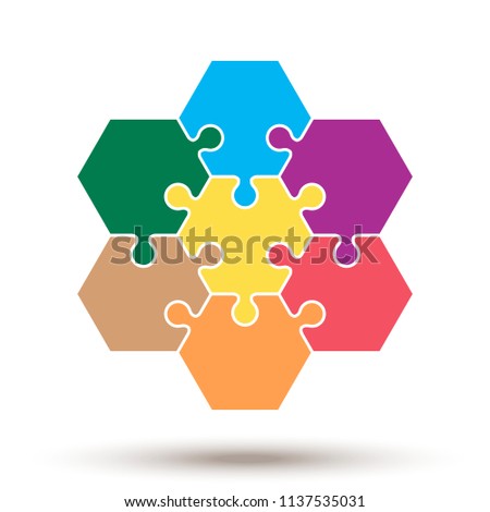 Hexagon puzzle pieces. Vector template. The concept of business solutions and teamwork. Seven colored connected elements. Free fields for text or infographics.