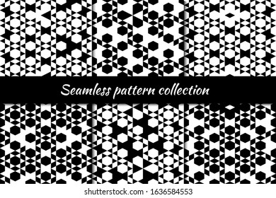 Hexagon, rhombuses, diamond, lozenges, triangle seamless pattern collection. Folk prints. Ethnic ornament set. Tribal wallpaper kit. Geometrical background. Retro motif. Abstract images. Vector bundle