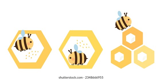 Hexagon ring with bee cartoon logo signs isolated on white background vector illustration.