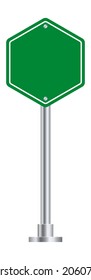 Hexagon road sign. Green highway blank billboard.