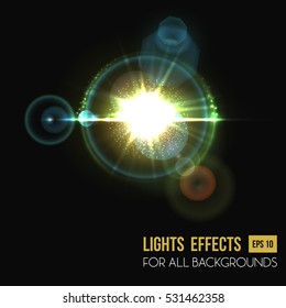 Hexagon and round lens sun light effect. Star glow backdrop or sunny beam background, bokeh and illuminated flare of solar radiance, abstract flash template, sunshine theme