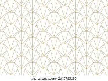 Hexagon seamless pattern with elegant art deco inspired design with golden lines forming fanned geometric shapes, creating a luxurious and repeating background , vector illustration.