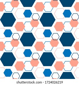 Hexagon seamless pattern. Geometric pattern. Polygons background. Colorful honeycomb pattern. Vector illustration. Repeating texture. Modern ornament. Design paper, wallpaper, textile, print. Stock.