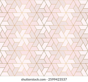Hexagon seamless pattern. Geometric tile with triangle shapes and gold line on a soft pink background. Elegant, modern design vector.