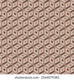 Hexagon seamless pattern of hexagonal shapes. . Trippy psychedelic geometric surface design of geometrical shapes. Abstract coffee mocha color textured background. 