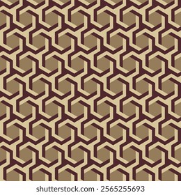 Hexagon seamless pattern of hexagonal shapes. Trippy psychedelic geometric surface design of geometrical shapes. Abstract textured on pale brown color background.