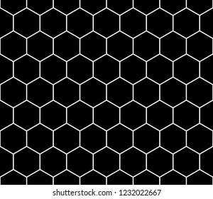 Hexagon seamless texture. White line honeycomb repeatable pattern on black background vector.